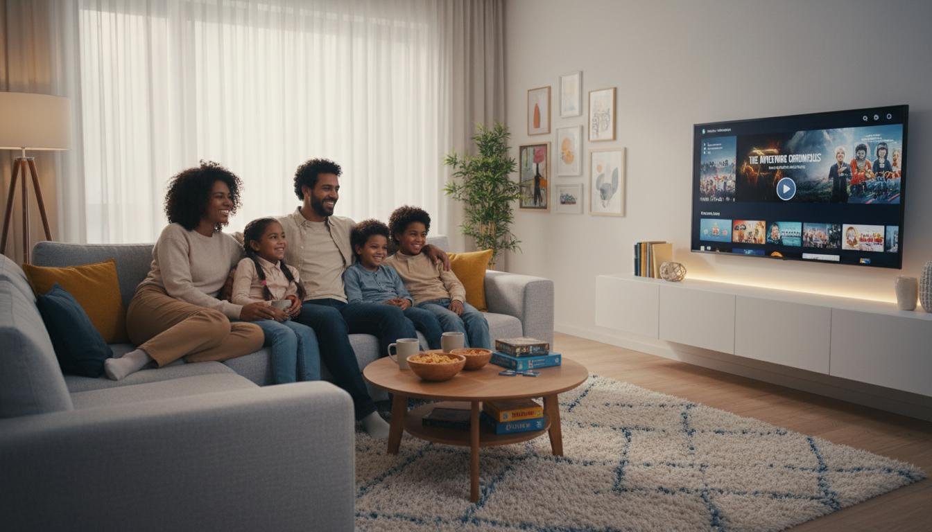 Familj som tittar på TV tillsammans med Nordic IPTV